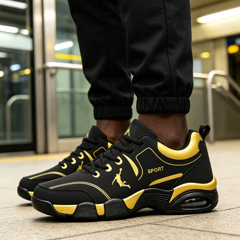 SXCHEN Men's Black Gold Cushion Basketball Sneakers,Sport Graphic Athletic Shoes With Breathable Upper And Shock Absorbing Sole，Breathable Upper & Non-Slip Outsole, Training & Casual Footwear For Men