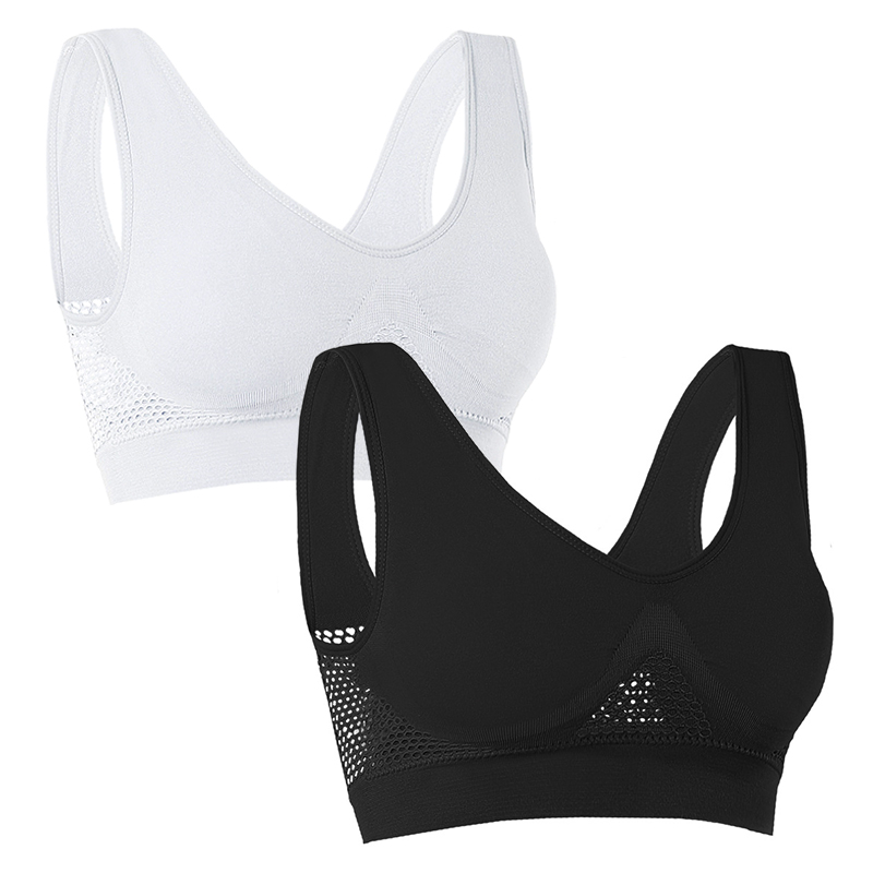SXCHEN Women's 2-Pack Breathable Mesh Side Sports Bra, V-Neck Padded Wireless Workout Bras With Hollow Mesh Panel, Stretch Sweat-Wicking Comfort Crop Top,Yoga Running & Sleep Athletic Bra For Ladies