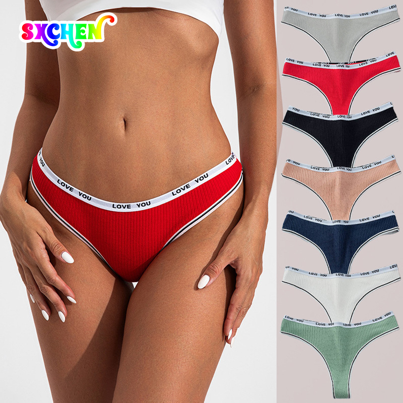 SXCHEN 3PCS Random Mixed Color Ribbed Cotton Thong Panties, Women's Letter Printed Elastic Waist Low-Cut Underwear, Skin-Friendly Breathable Stretch Fabric, Daily Casual & Sports Underpants For Ladies