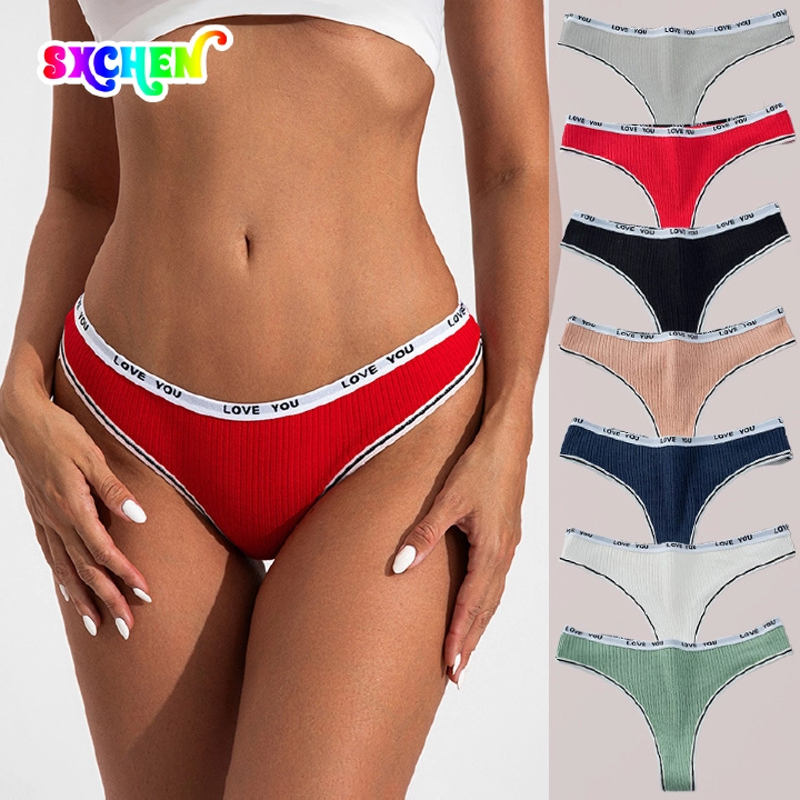 SXCHEN 3PCS Random Mixed Color Ribbed Cotton Thong Panties, Women's Letter Printed Elastic Waist Low-Cut Underwear, Skin-Friendly Breathable Stretch Fabric, Daily Casual & Sports Underpants For Ladies