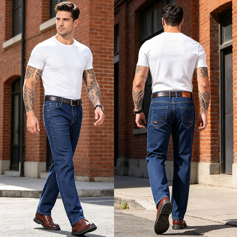 SXCHEN Men's Stretch Denim Straight Leg Jeans, Classic Blue Washed Slim Fit Casual Pants With Reinforced Stitching, Lightweight Breathable Fabric, Versatile Office & Everyday Denim Bottoms For Men