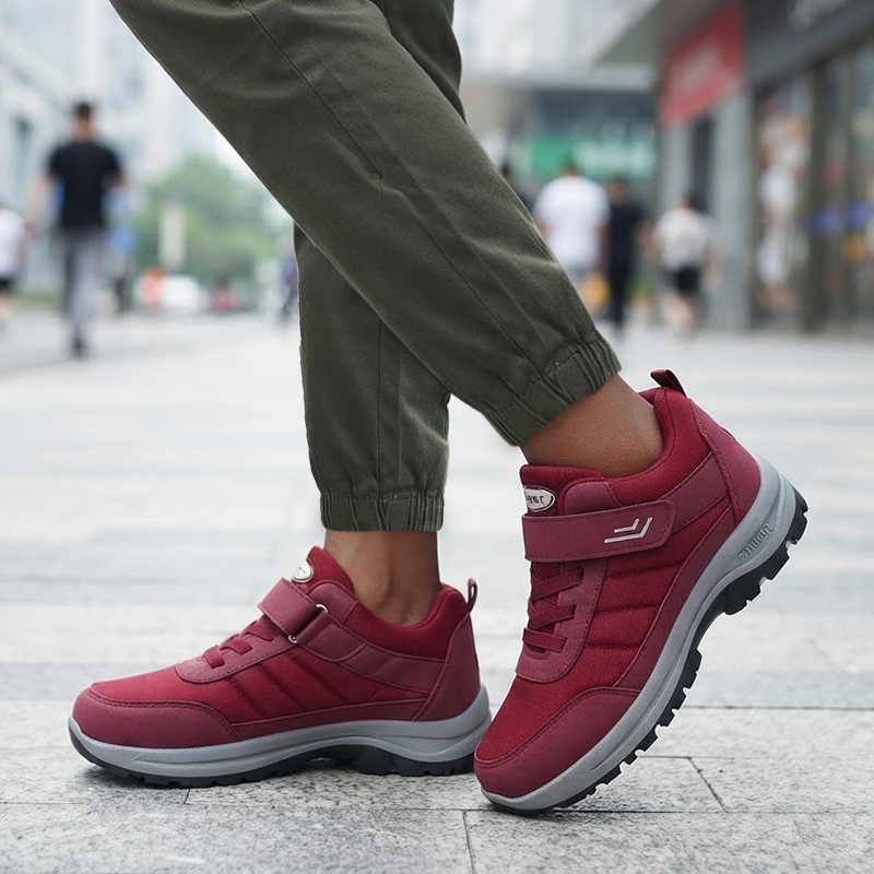 SXCHEN Women's Burgundy Adjustable Velcro Strap Outdoor Hiking Shoes, Non-Slip Rugged Sole Breathable Mesh Walking Sneakers, Lightweight Casual Trainers,  Comfortable Everyday & Outdoor Footwear