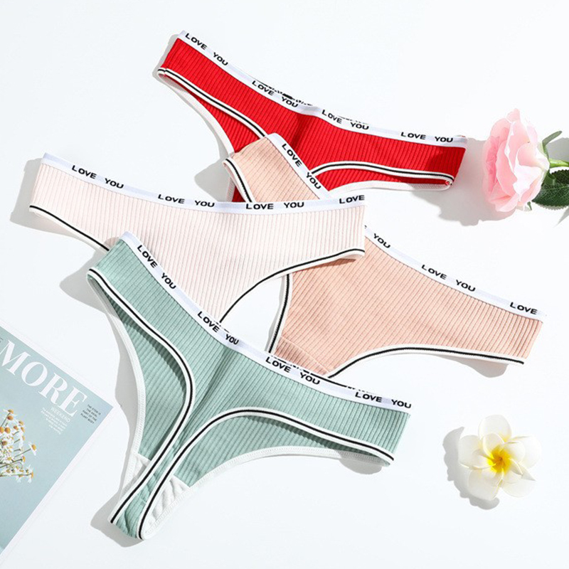SXCHEN 3PCS Random Mixed Color Ribbed Cotton Thong Panties, Women's Letter Printed Elastic Waist Low-Cut Underwear, Skin-Friendly Breathable Stretch Fabric, Daily Casual & Sports Underpants For Ladies