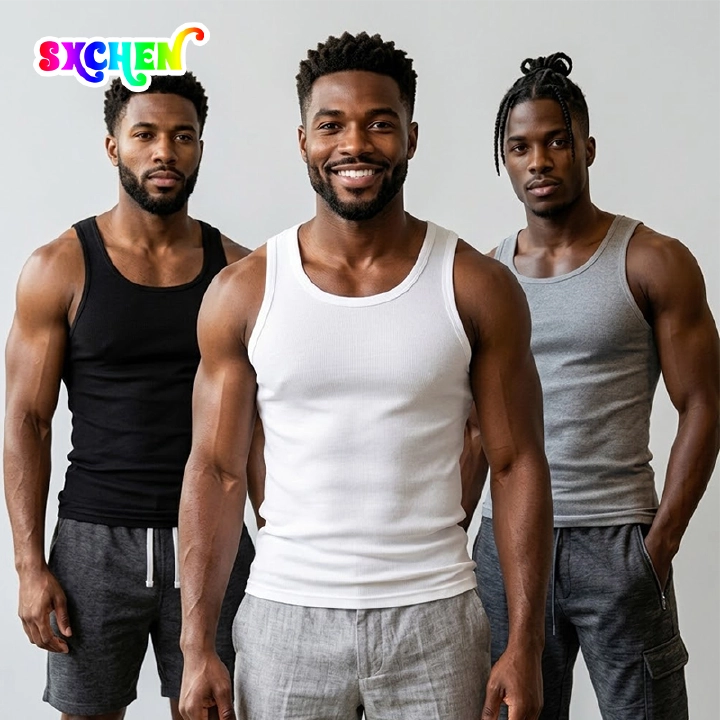 SXCHEN Men's 3-Pack Black White Grey Ribbed Cotton Sleeveless Tank Tops,Slim Fit Base Layer Undershirt,Sweat Resistant Comfort Fabric,Multiple Sizes,Trendy Sports & Daily Casual Layering Vest For Guys