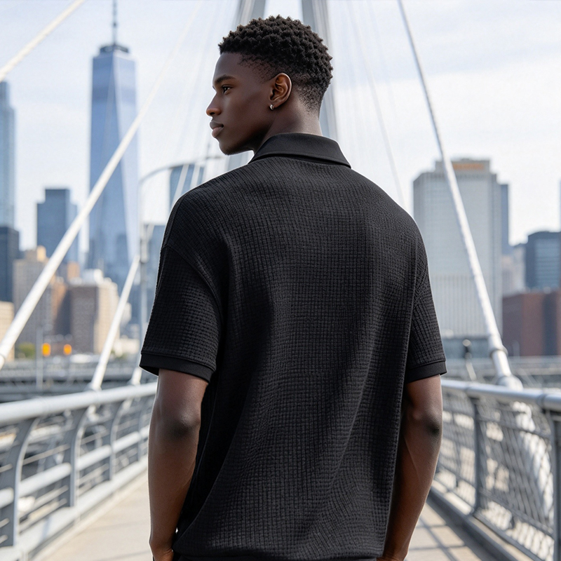 SXCHEN Men Clothes Casual Polo Shirts Men's Clothing T-Shirt Black Waffle Knit Short Sleeve Breathable Skin Friendly Fabric Slim Fit T-Shirt For Business Office Daily Outdoor Casual Wear
