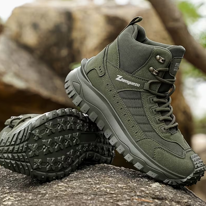 SXCHEN Men's Army Green Mid-Cut Hiking Boots, Waterproof Mesh & Synthetic Outdoor Shoes With Reinforced Toe Cap, Rugged Non-Slip Sole, Breathable Upper,  Trekking & Tactical Footwear For Men