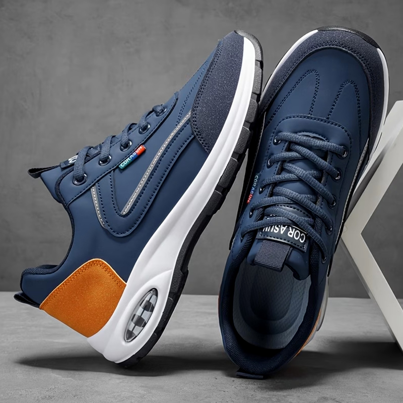 SXCHEN Men shoes Navy Blue & Tan Air Cushion Walking Sneakers, Lightweight Casual Shoes With Breathable Upper, Non-Slip Outsole, Cushioned Insole, Versatile Daily & Outdoor Footwear For Men's