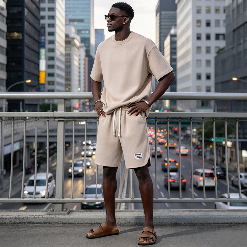 SXCHEN Men Clothes Clothing T-Shirt+Short Two-Piece Outfits Summer Casual Men's T-shirt Plain Crew Neck Curved Hem Tee, Elastic Waist Drawstring Label Shorts, Lightweight Comfort Sport Suit