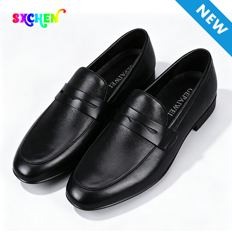 SXCHEN Men's Classic Penny Loafers, Black Artificial Leather Slip-On Formal Shoes With Textured Upper, Comfort Cushioned Insole, Versatile Business & Everyday Dress Footwear For Men