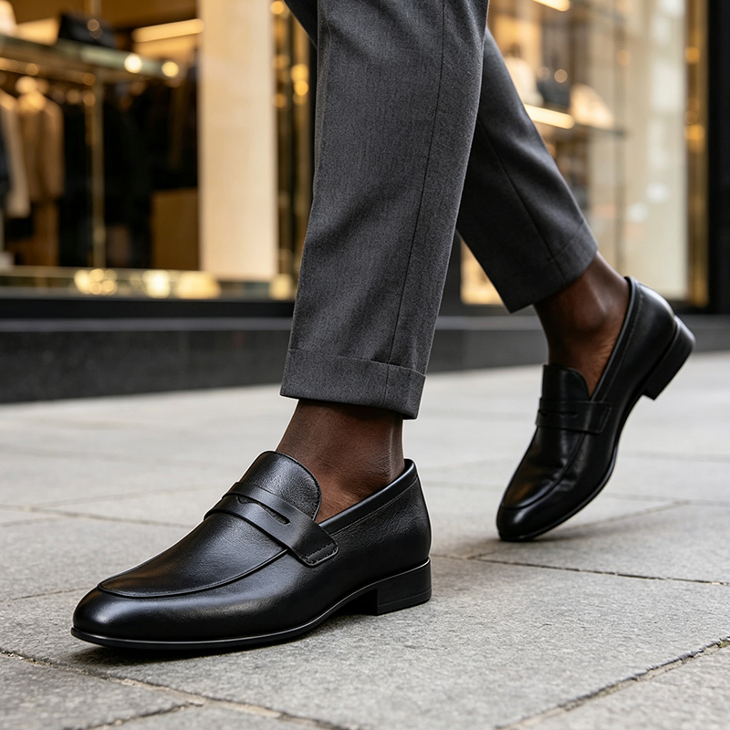 SXCHEN Men's Classic Penny Loafers, Black Artificial Leather Slip-On Formal Shoes With Textured Upper, Comfort Cushioned Insole, Versatile Business & Everyday Dress Footwear For Men