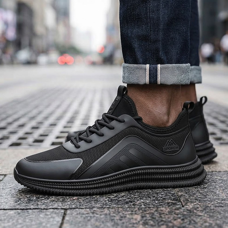 SXCHEN Men Shoes Casual Sneakers Running Shoe Low-Top Breathable Flat Sports Slip-on Business Synthetic Upper Lace Up Shock Absorb Thick Non Slip Sole Men's Work Outdoor Daily Walking Black