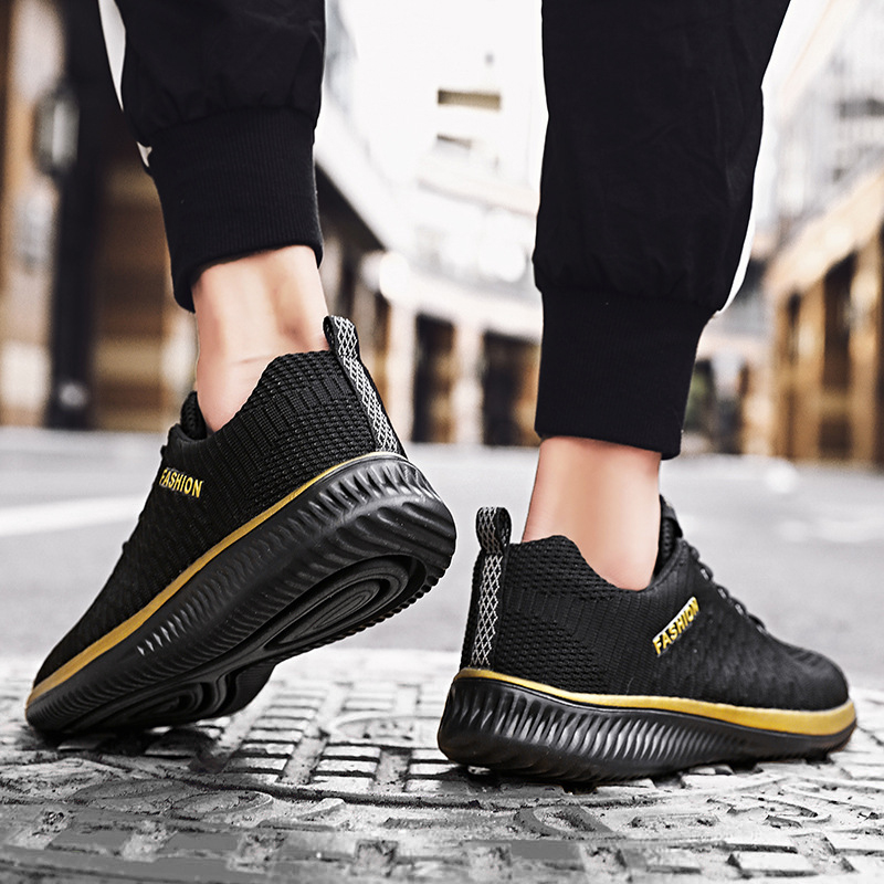 SXCHEN Men Shoes Fashion Casual Men's Sneakers Mesh Sports Shoe Breathable Air Permeable Knitted Surface Wear Resistant Comfort Cushion Insole Training Footwear For Commute Travel Outdoor Black Gold