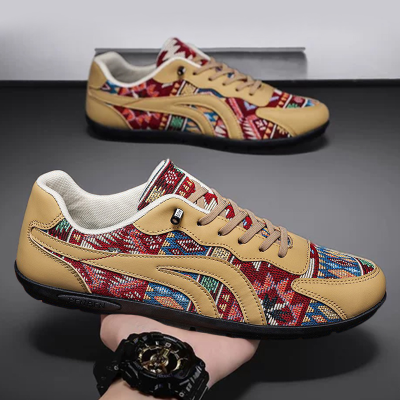 SXCHEN Men shoes Tribal Print Retro Sneakers, Red Yellow Geometric Pattern Lace-Up Shoes With Canvas & Faux Leather Upper, Comfort Cushioned Insole, Versatile Casual & Streetwear Footwear For Men's