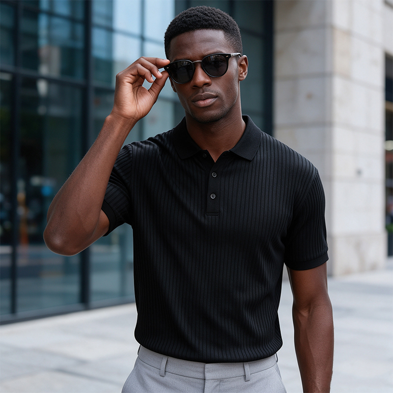 SXCHEN Men Clothes Black Vertical Ribbed Short Sleeve Polo Shirt T-Shirt Turn Down Collar Four Buttons Top Stretch Breathable Knit Fabric Muscle Slim Fit T-Shirt Men's Clothing Outdoor Casual Wear