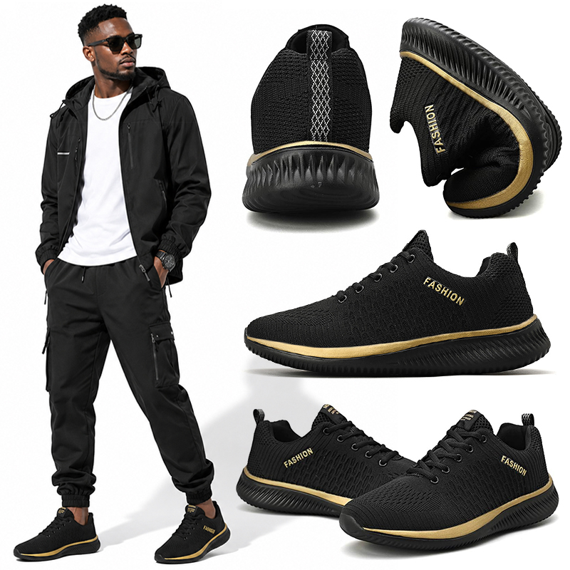 SXCHEN Men Shoes Fashion Casual Men's Sneakers Mesh Sports Shoe Breathable Air Permeable Knitted Surface Wear Resistant Comfort Cushion Insole Training Footwear For Commute Travel Outdoor Black Gold