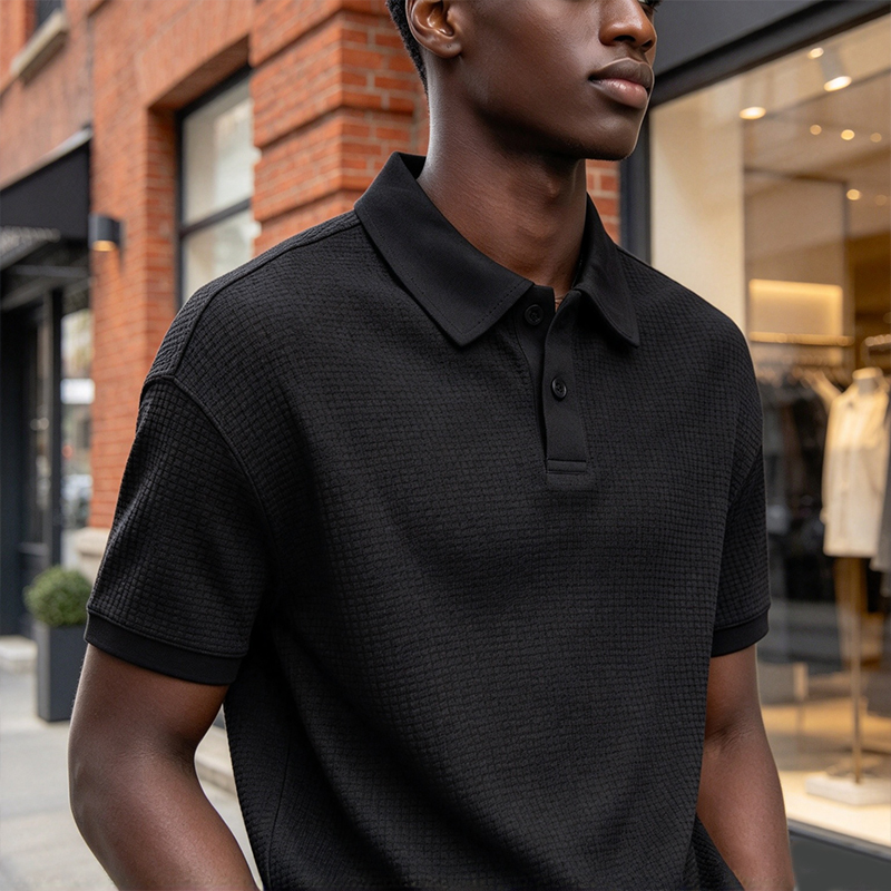 SXCHEN Men Clothes Casual Polo Shirts Men's Clothing T-Shirt Black Waffle Knit Short Sleeve Breathable Skin Friendly Fabric Slim Fit T-Shirt For Business Office Daily Outdoor Casual Wear
