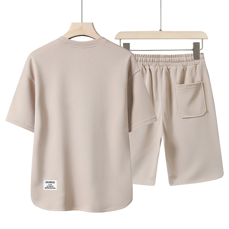 SXCHEN Men Clothes Clothing T-Shirt+Short Two-Piece Outfits Summer Casual Men's T-shirt Plain Crew Neck Curved Hem Tee, Elastic Waist Drawstring Label Shorts, Lightweight Comfort Sport Suit