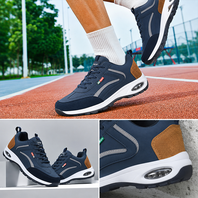 SXCHEN Men shoes Navy Blue & Tan Air Cushion Walking Sneakers, Lightweight Casual Shoes With Breathable Upper, Non-Slip Outsole, Cushioned Insole, Versatile Daily & Outdoor Footwear For Men's