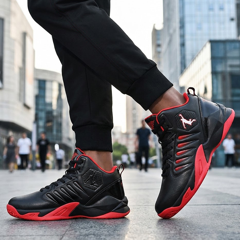 SXCHEN Men's Black Red High-Top Basketball Sneakers, Sport Logo Shoes With Shock Absorbing Midsole, Non-Slip Rubber Outsole, Plus Size Friendly, Training, Matches & Street Style Footwear For Men