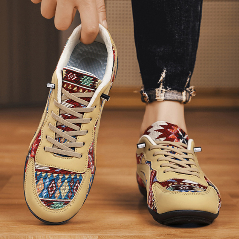 SXCHEN Men shoes Tribal Print Retro Sneakers, Red Yellow Geometric Pattern Lace-Up Shoes With Canvas & Faux Leather Upper, Comfort Cushioned Insole, Versatile Casual & Streetwear Footwear For Men's