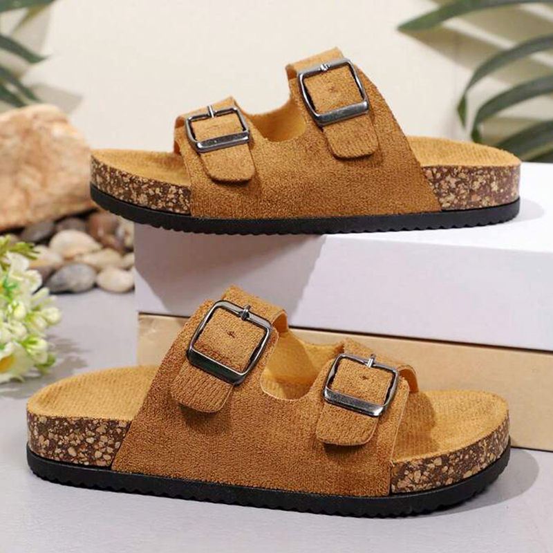 SXCHEN Kids' Brown Suede Double Buckle Sandals, Two Adjustable Straps Slip-On Slides With Soft Cork Footbed, Lightweight Non-Slip Sole, All Sizes, Versatile Home & Playground Footwear For Children
