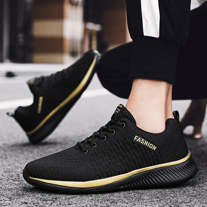 SXCHEN Men Shoes Fashion Casual Men's Sneakers Mesh Sports Shoe Breathable Air Permeable Knitted Surface Wear Resistant Comfort Cushion Insole Training Footwear For Commute Travel Outdoor Black Gold