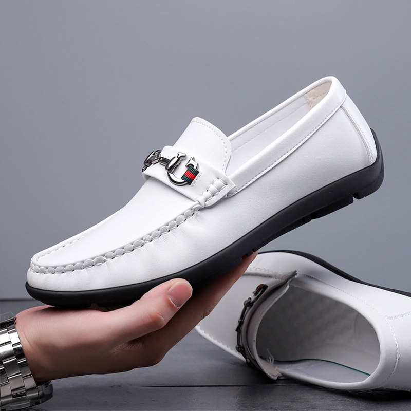 SXCHEN Men's White Casual Horsebit Loafers, Slip-On Faux Leather Shoes With Classic Metal Ornament And Web Detail, Comfort Cushioned Insole, Multiple Sizes,Trendy Office & Daily Wear Footwear For Guys