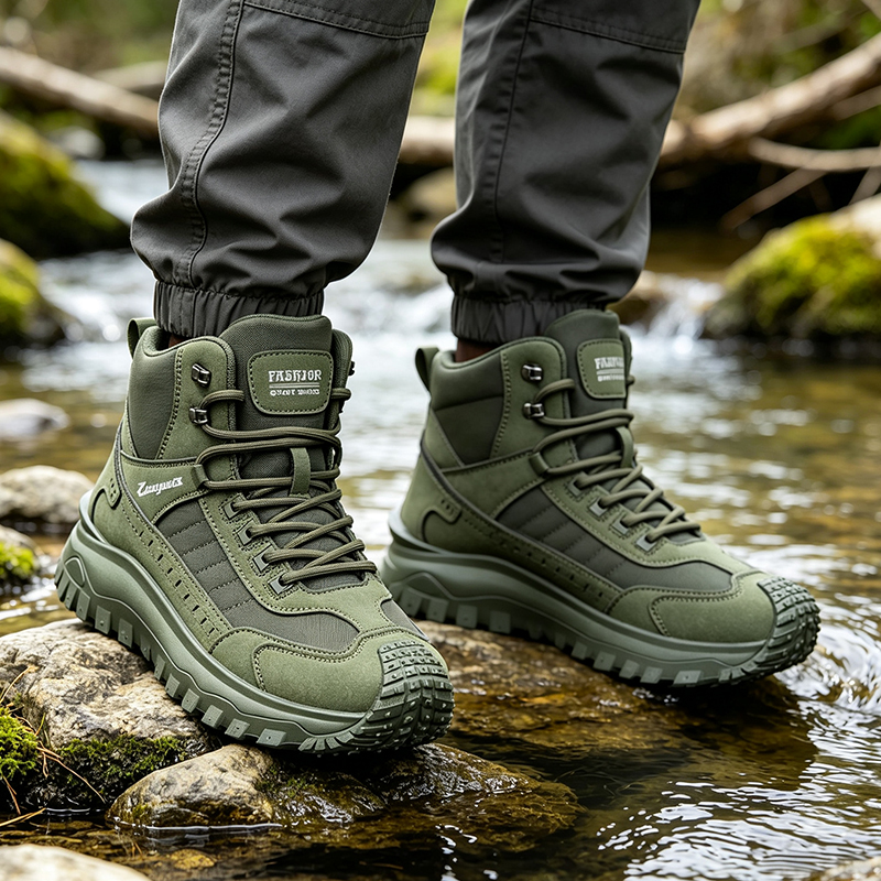 SXCHEN Men's Army Green Mid-Cut Hiking Boots, Waterproof Mesh & Synthetic Outdoor Shoes With Reinforced Toe Cap, Rugged Non-Slip Sole, Breathable Upper,  Trekking & Tactical Footwear For Men