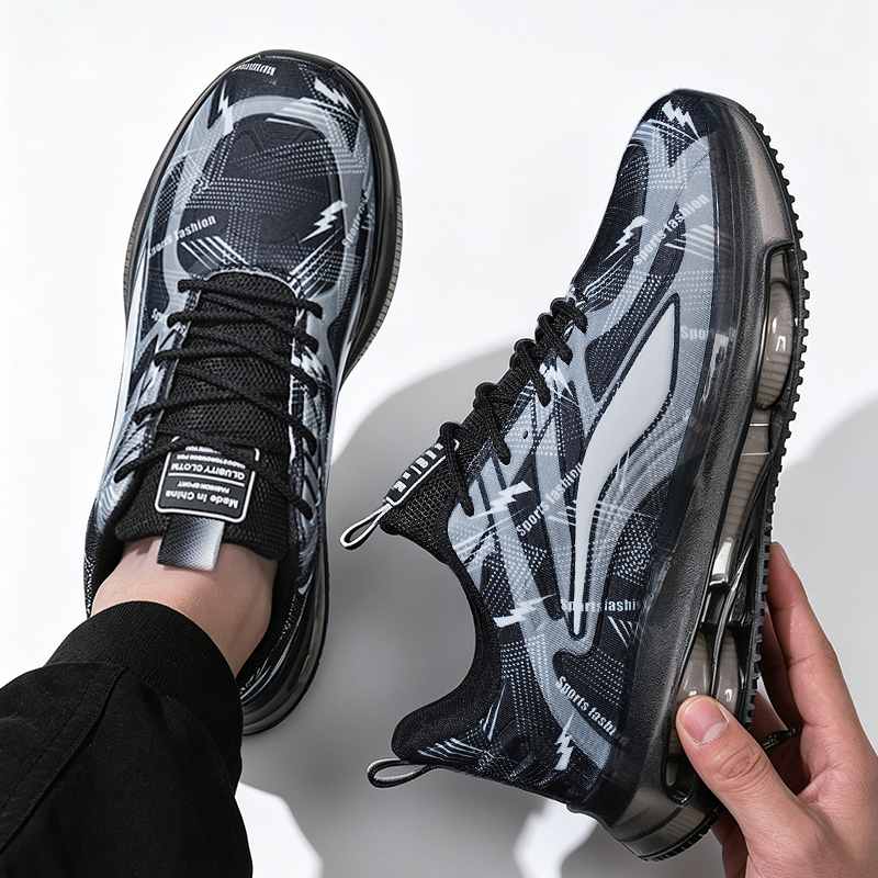 SXCHEN Men Shoes Sports Casual Printed Men's Cushion Running Shoe New Summer Flats Sneakers Breathable Fly Woven Mesh Upper, Lace Up Shock Absorb Non Slip Fashion Athletic For Fitness Outdoor Black