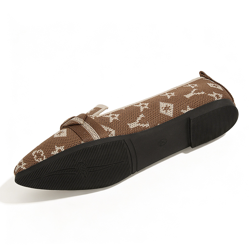 SXCHEN Women Shoes Flats Loafers Casual Slip-On Sneakers Canvas Flat shoe Brown Printed Knit Pointed Toe Bow Decor Breathable Stretch Woven Fabric Comfort Ladies Janey For Shopping Office Daily Wear