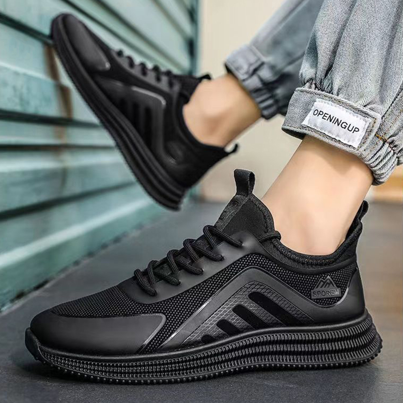 SXCHEN Men Shoes Casual Sneakers Running Shoe Low-Top Breathable Flat Sports Slip-on Business Synthetic Upper Lace Up Shock Absorb Thick Non Slip Sole Men's Work Outdoor Daily Walking Black