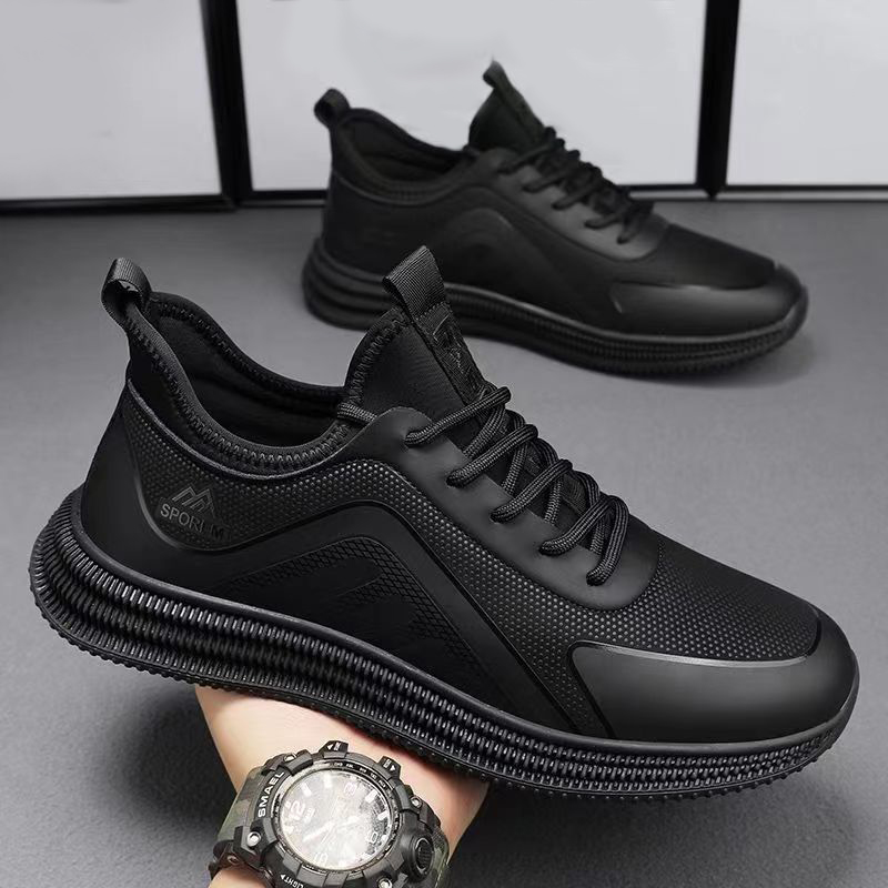 SXCHEN Men Shoes Casual Sneakers Running Shoe Low-Top Breathable Flat Sports Slip-on Business Synthetic Upper Lace Up Shock Absorb Thick Non Slip Sole Men's Work Outdoor Daily Walking Black