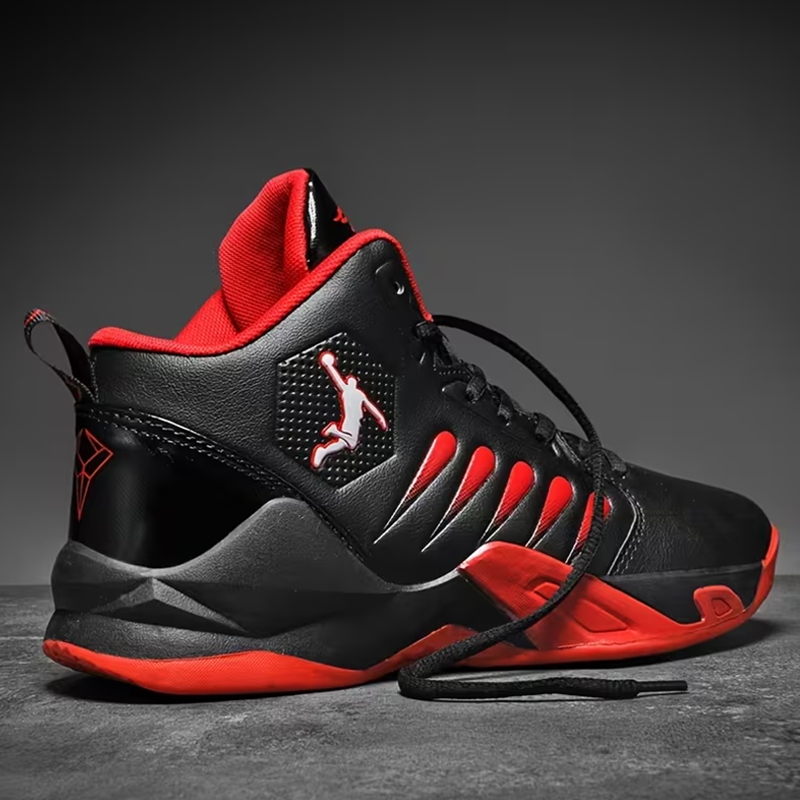 SXCHEN Men's Black Red High-Top Basketball Sneakers, Sport Logo Shoes With Shock Absorbing Midsole, Non-Slip Rubber Outsole, Plus Size Friendly, Training, Matches & Street Style Footwear For Men