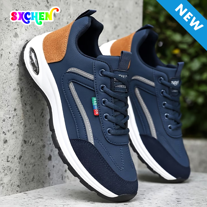 SXCHEN Men shoes Navy Blue & Tan Air Cushion Walking Sneakers, Lightweight Casual Shoes With Breathable Upper, Non-Slip Outsole, Cushioned Insole, Versatile Daily & Outdoor Footwear For Men's