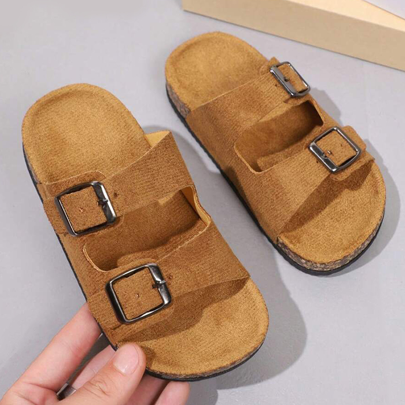 SXCHEN Kids' Brown Suede Double Buckle Sandals, Two Adjustable Straps Slip-On Slides With Soft Cork Footbed, Lightweight Non-Slip Sole, All Sizes, Versatile Home & Playground Footwear For Children