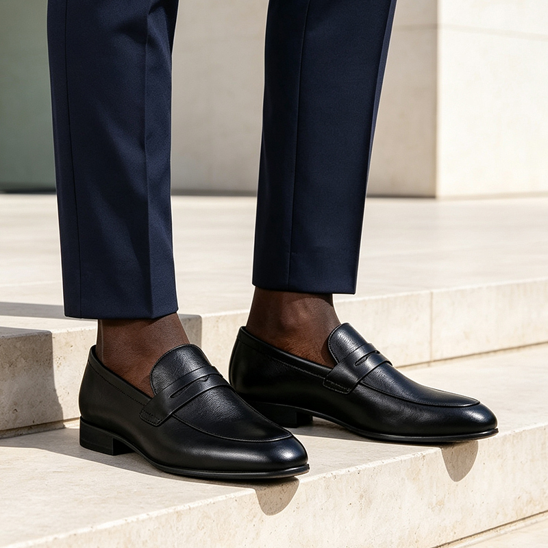 SXCHEN Men's Classic Penny Loafers, Black Artificial Leather Slip-On Formal Shoes With Textured Upper, Comfort Cushioned Insole, Versatile Business & Everyday Dress Footwear For Men