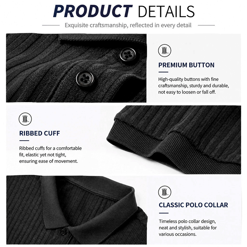 SXCHEN Men Clothes Black Vertical Ribbed Short Sleeve Polo Shirt T-Shirt Turn Down Collar Four Buttons Top Stretch Breathable Knit Fabric Muscle Slim Fit T-Shirt Men's Clothing Outdoor Casual Wear