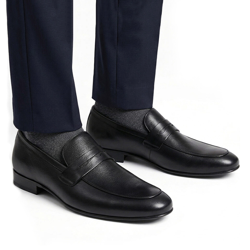 SXCHEN Men's Classic Penny Loafers, Black Artificial Leather Slip-On Formal Shoes With Textured Upper, Comfort Cushioned Insole, Versatile Business & Everyday Dress Footwear For Men