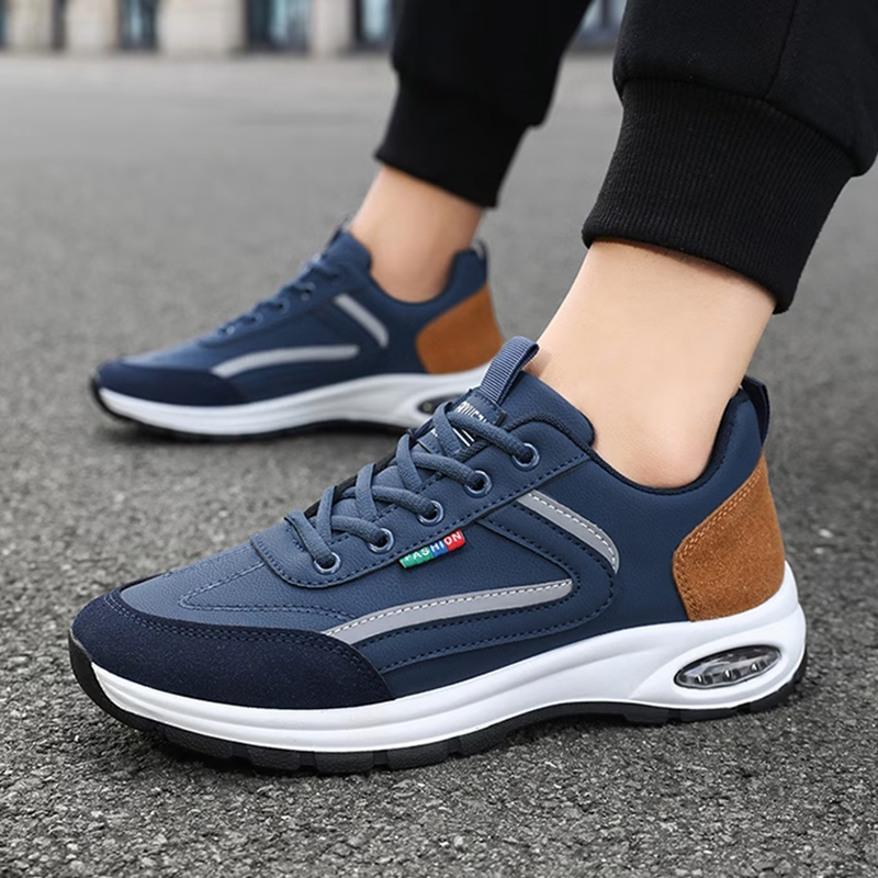 SXCHEN Men shoes Navy Blue & Tan Air Cushion Walking Sneakers, Lightweight Casual Shoes With Breathable Upper, Non-Slip Outsole, Cushioned Insole, Versatile Daily & Outdoor Footwear For Men's
