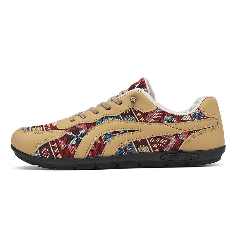SXCHEN Men shoes Tribal Print Retro Sneakers, Red Yellow Geometric Pattern Lace-Up Shoes With Canvas & Faux Leather Upper, Comfort Cushioned Insole, Versatile Casual & Streetwear Footwear For Men's