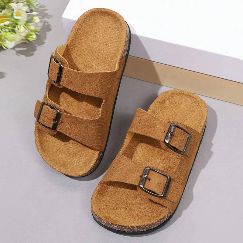 SXCHEN Kids' Brown Suede Double Buckle Sandals, Two Adjustable Straps Slip-On Slides With Soft Cork Footbed, Lightweight Non-Slip Sole, All Sizes, Versatile Home & Playground Footwear For Children