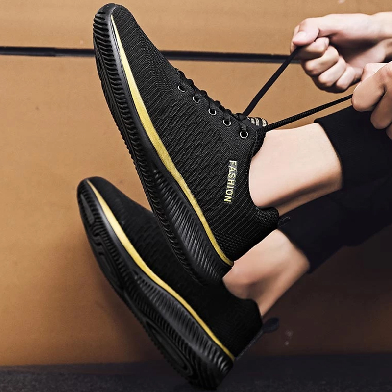 SXCHEN Men Shoes Fashion Casual Men's Sneakers Mesh Sports Shoe Breathable Air Permeable Knitted Surface Wear Resistant Comfort Cushion Insole Training Footwear For Commute Travel Outdoor Black Gold