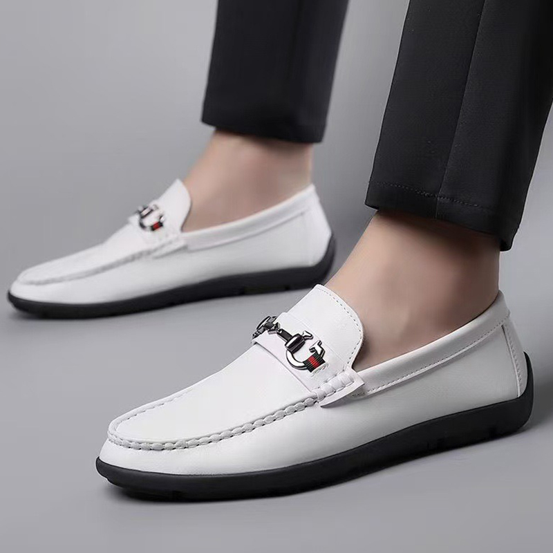 SXCHEN Men's White Casual Horsebit Loafers, Slip-On Faux Leather Shoes With Classic Metal Ornament And Web Detail, Comfort Cushioned Insole, Multiple Sizes,Trendy Office & Daily Wear Footwear For Guys