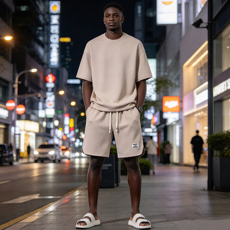 SXCHEN Men Clothes Clothing T-Shirt+Short Two-Piece Outfits Summer Casual Men's T-shirt Plain Crew Neck Curved Hem Tee, Elastic Waist Drawstring Label Shorts, Lightweight Comfort Sport Suit