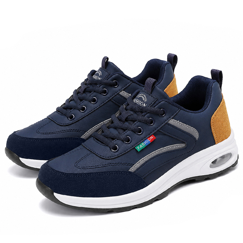 SXCHEN Men shoes Navy Blue & Tan Air Cushion Walking Sneakers, Lightweight Casual Shoes With Breathable Upper, Non-Slip Outsole, Cushioned Insole, Versatile Daily & Outdoor Footwear For Men's
