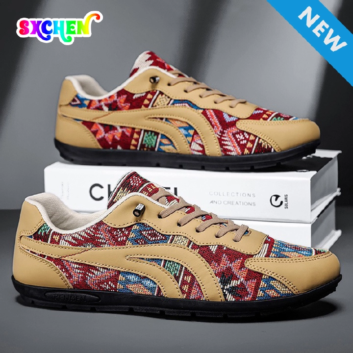 SXCHEN Men shoes Tribal Print Retro Sneakers, Red Yellow Geometric Pattern Lace-Up Shoes With Canvas & Faux Leather Upper, Comfort Cushioned Insole, Versatile Casual & Streetwear Footwear For Men's