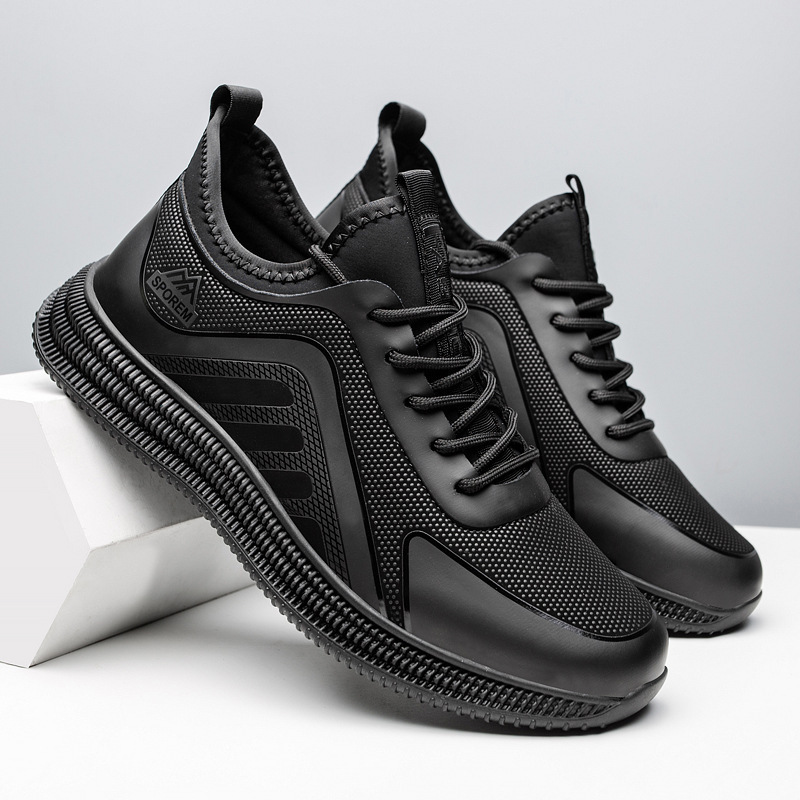 SXCHEN Men Shoes Casual Sneakers Running Shoe Low-Top Breathable Flat Sports Slip-on Business Synthetic Upper Lace Up Shock Absorb Thick Non Slip Sole Men's Work Outdoor Daily Walking Black