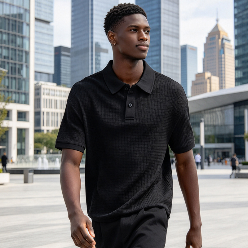 SXCHEN Men Clothes Casual Polo Shirts Men's Clothing T-Shirt Black Waffle Knit Short Sleeve Breathable Skin Friendly Fabric Slim Fit T-Shirt For Business Office Daily Outdoor Casual Wear