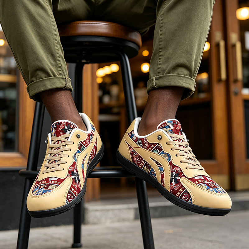 SXCHEN Men shoes Tribal Print Retro Sneakers, Red Yellow Geometric Pattern Lace-Up Shoes With Canvas & Faux Leather Upper, Comfort Cushioned Insole, Versatile Casual & Streetwear Footwear For Men's