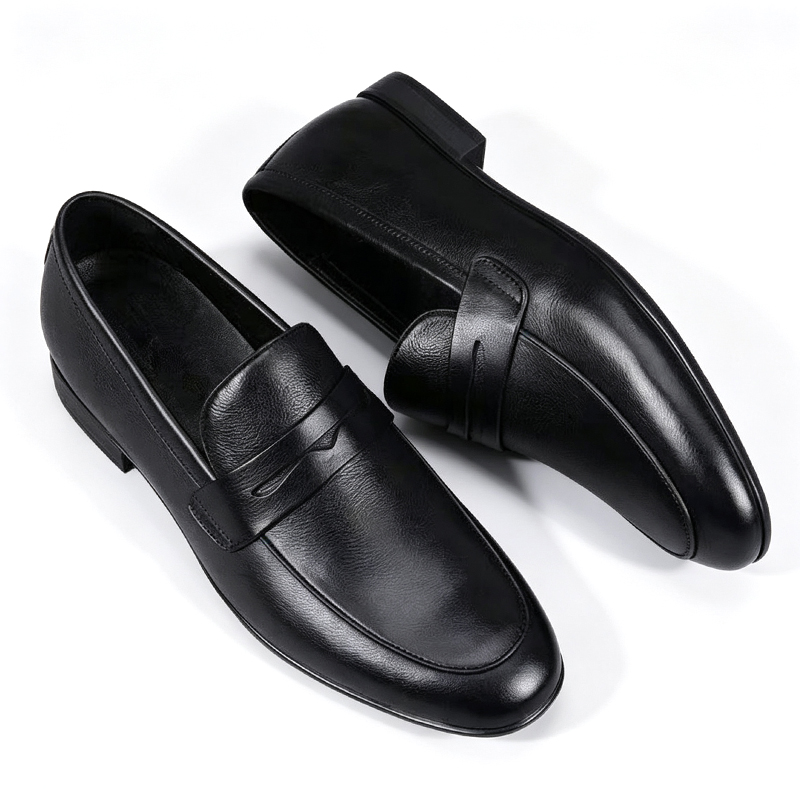 SXCHEN Men's Classic Penny Loafers, Black Artificial Leather Slip-On Formal Shoes With Textured Upper, Comfort Cushioned Insole, Versatile Business & Everyday Dress Footwear For Men